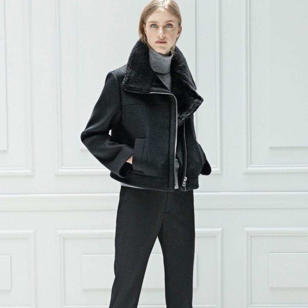 NWT $750 Vince Shearling Trimmed Fur Lined Wool Blend Moto Jacket in Black